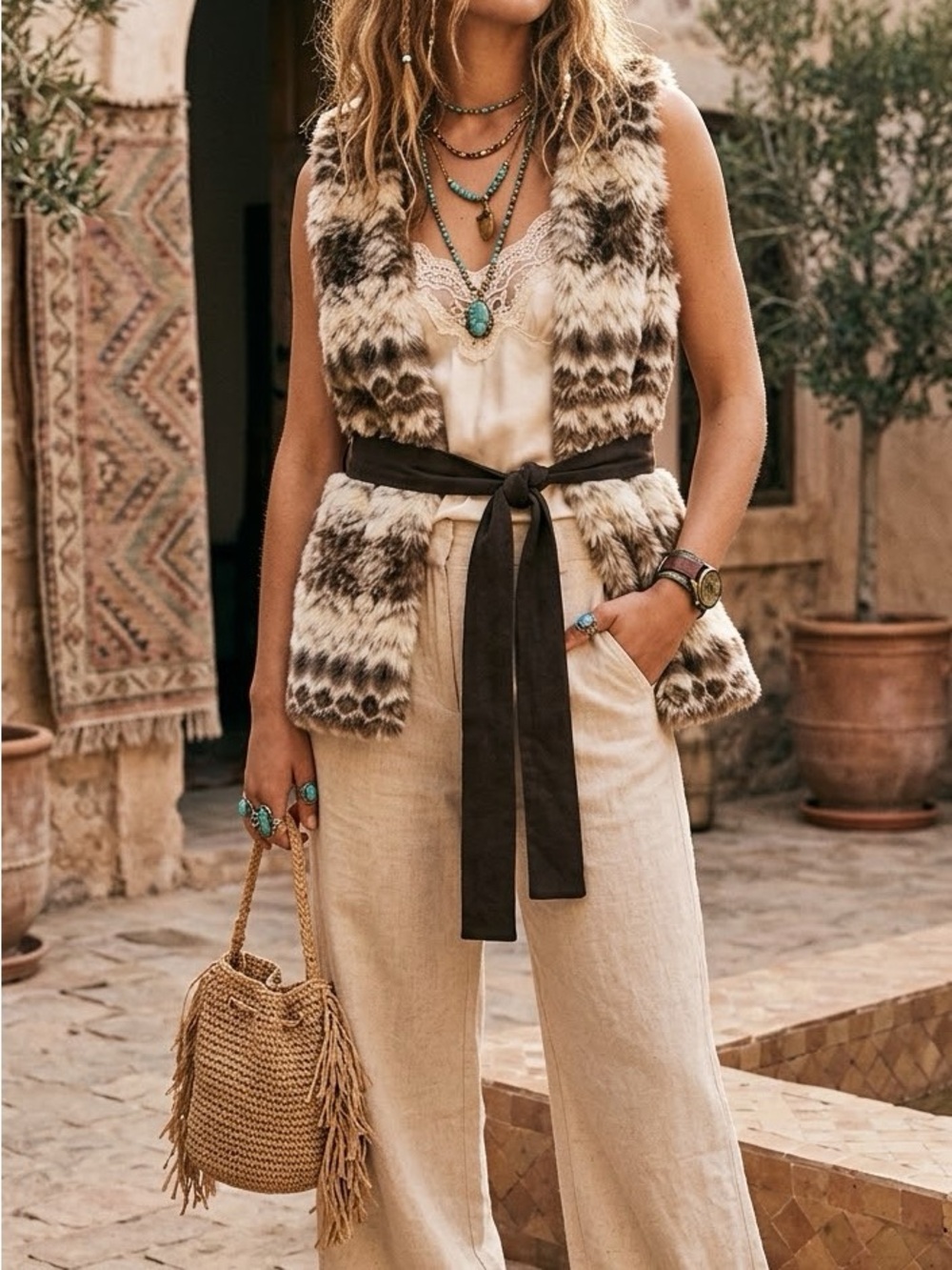 Paris  Multi-Tone Brown & Cream Faux Fur Belted Vest